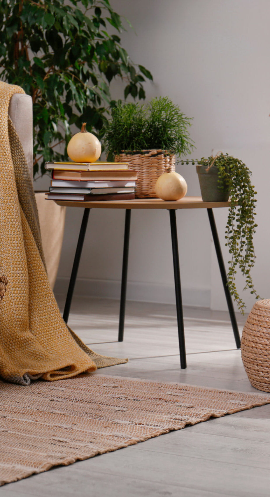 Stylish living room interior with comfortable sofa and wicker pouf